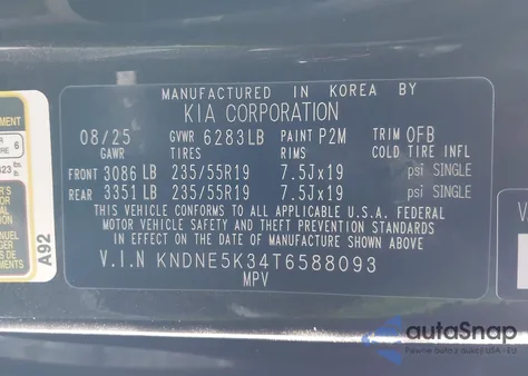 2026 Kia Carnival Mpv Sx Prestige from USA, damaged, VIN KNDNE5K34T6588093